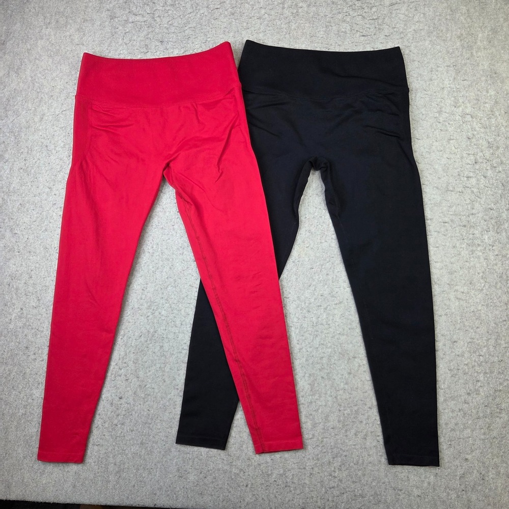 Lot of 2 Fabletics Leggings Womens Size M Black Red Performance Stretch Yoga